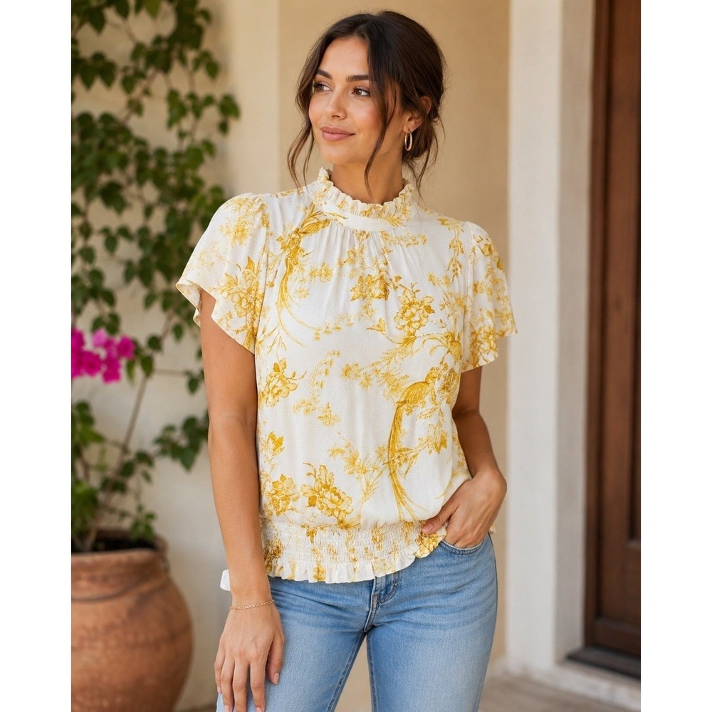 Rose + Olive Floral Mock Neck Smocked Hem‎ Blouse Top Cream Yellow Size M